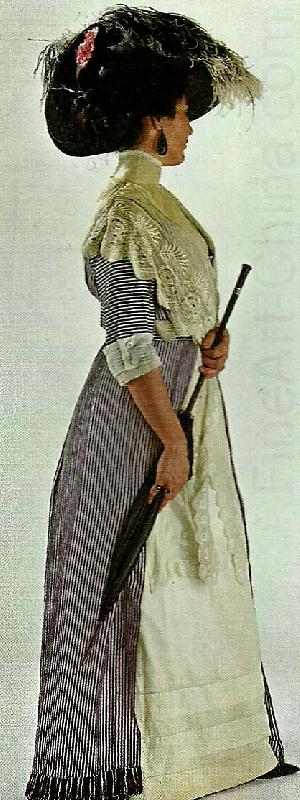 afternoon dress of navy and white striped surah with silk fringe and lingerie flounces, created by drecoll, unknow artist
